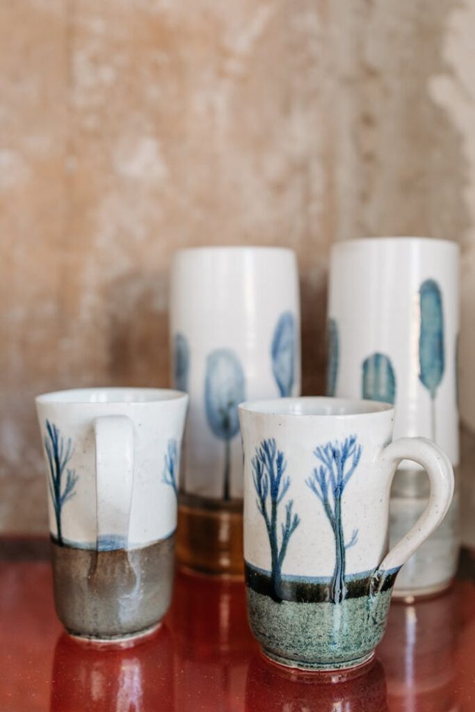 Beautiful handcrafted ceramic mugs and vases featuring blue tree designs in a rustic setting.